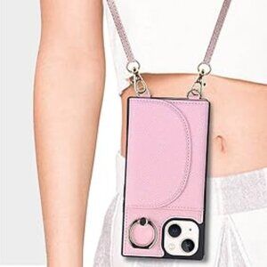 NEW iPhone 14 Light Pink Phone Case Lanyard Strap Kickstand Leather Gold Cross